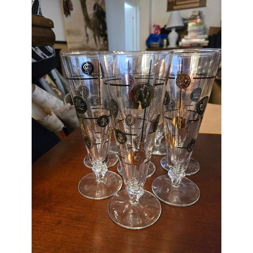 Set of 8 Libby Pilsner Glass Black and Gold Coin Pattern Vintage.